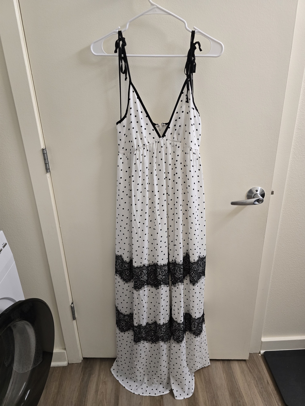 White & Black Polka Dot Maxi Dress with Lace Trim